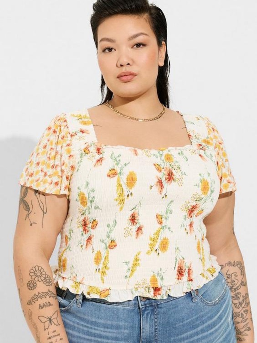 torrid Cream Floral Smocked Square-Neck Crop Top